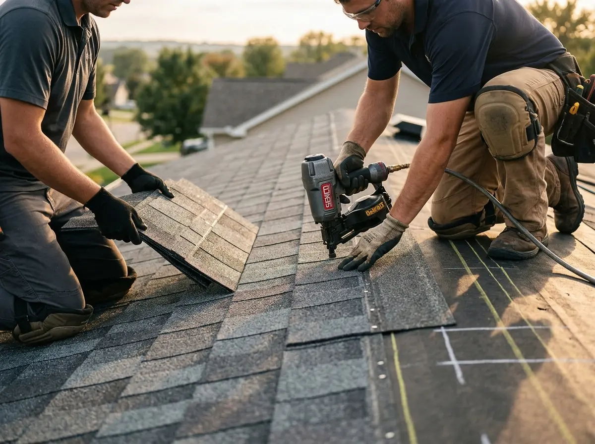 Professional roofer working on a residential roof in Neshannock